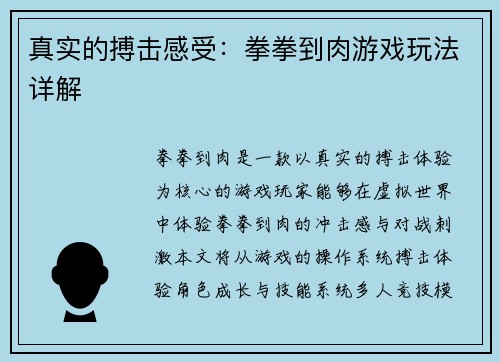 真实的搏击感受：拳拳到肉游戏玩法详解